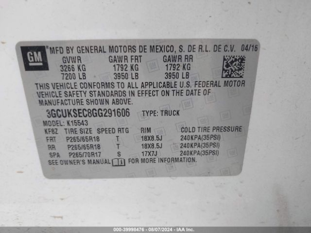 Photo 8 VIN: 3GCUKSEC8GG291606 - CHEVROLET SILVERADO 