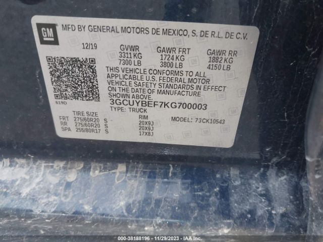 Photo 8 VIN: 3GCUYBEF7KG700003 - CHEVROLET SILVERADO 1500 