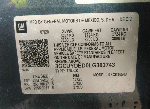 Photo 8 VIN: 3GCUYDED0LG383743 - CHEVROLET SILVERADO 1500 