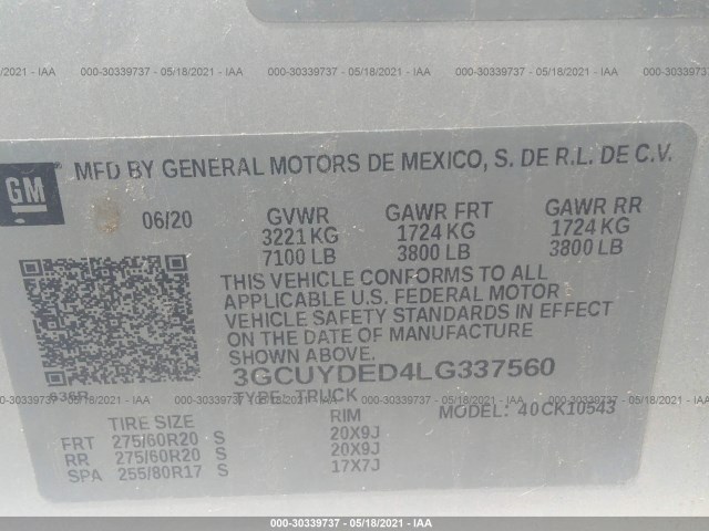 Photo 8 VIN: 3GCUYDED4LG337560 - CHEVROLET SILVERADO 1500 