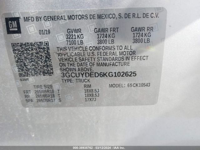 Photo 8 VIN: 3GCUYDED6KG102625 - CHEVROLET SILVERADO 1500 