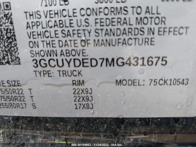 Photo 8 VIN: 3GCUYDED7MG431675 - CHEVROLET SILVERADO 1500 