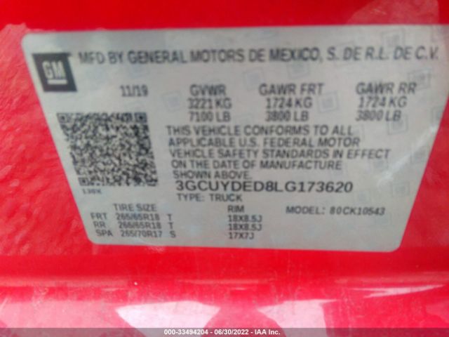 Photo 8 VIN: 3GCUYDED8LG173620 - CHEVROLET SILVERADO 1500 