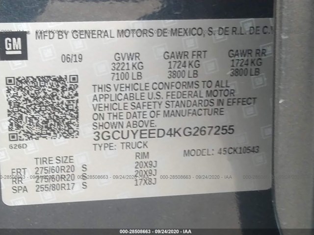 Photo 8 VIN: 3GCUYEED4KG267255 - CHEVROLET SILVERADO 1500 