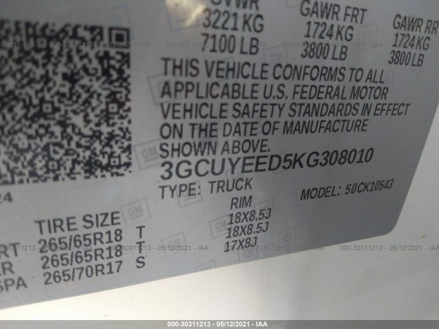 Photo 8 VIN: 3GCUYEED5KG308010 - CHEVROLET SILVERADO 1500 