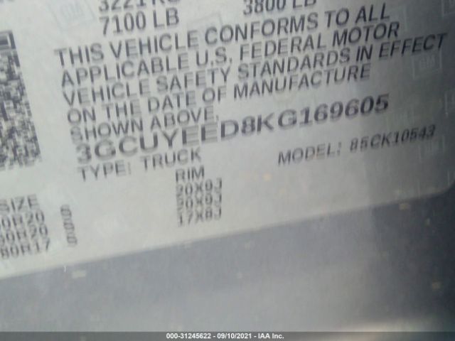 Photo 8 VIN: 3GCUYEED8KG169605 - CHEVROLET SILVERADO 1500 