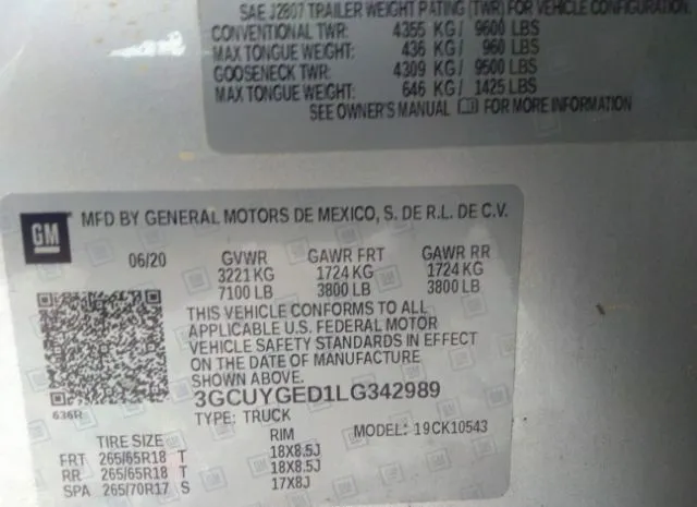 Photo 8 VIN: 3GCUYGED1LG342989 - CHEVROLET SILVERADO 1500 