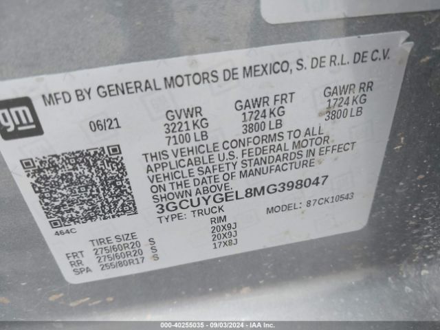 Photo 8 VIN: 3GCUYGEL8MG398047 - CHEVROLET SILVERADO 