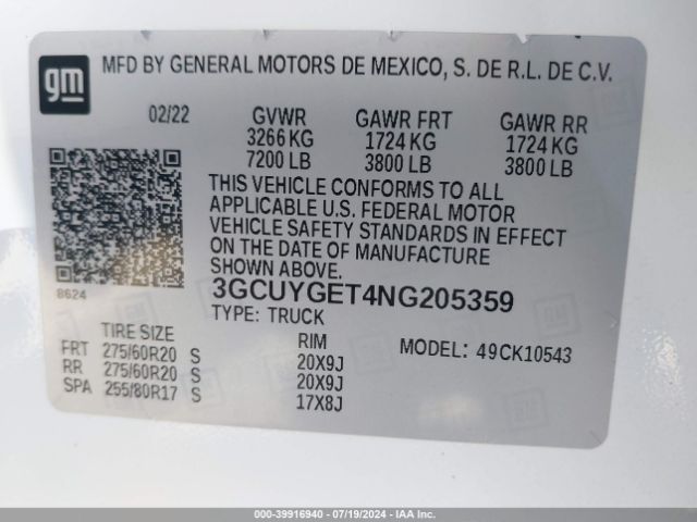 Photo 8 VIN: 3GCUYGET4NG205359 - CHEVROLET SILVERADO 1500 LTD 