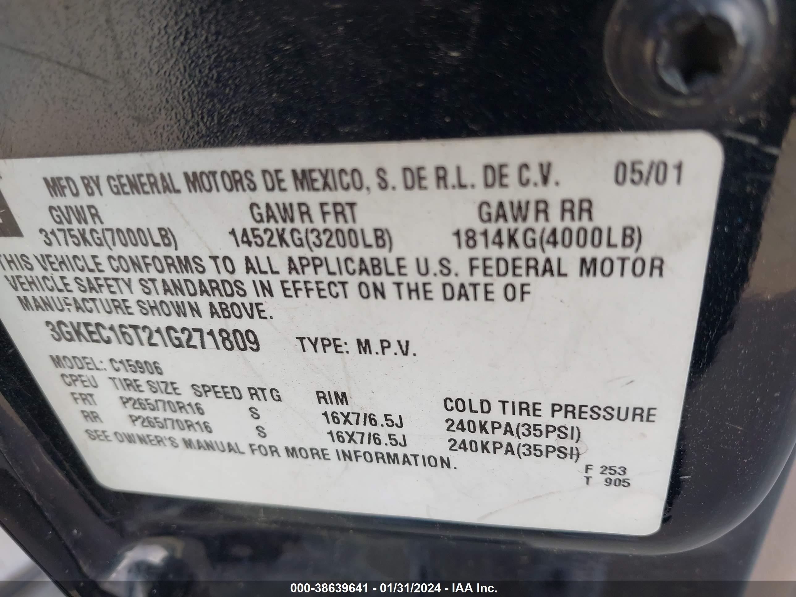 Photo 8 VIN: 3GKEC16T21G271809 - GMC YUKON 