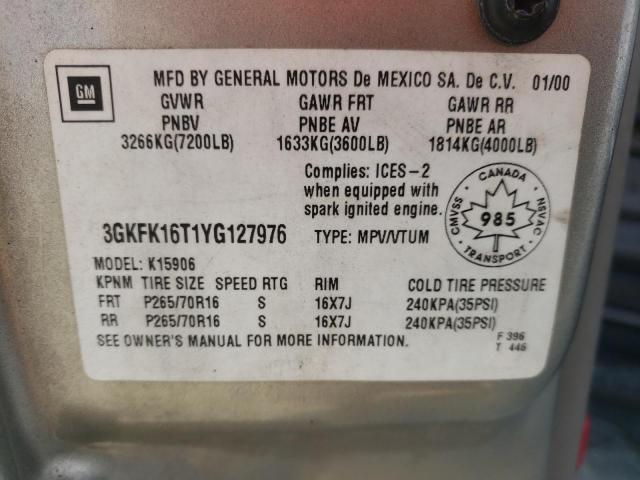 Photo 12 VIN: 3GKFK16T1YG127976 - GMC YUKON XL K 