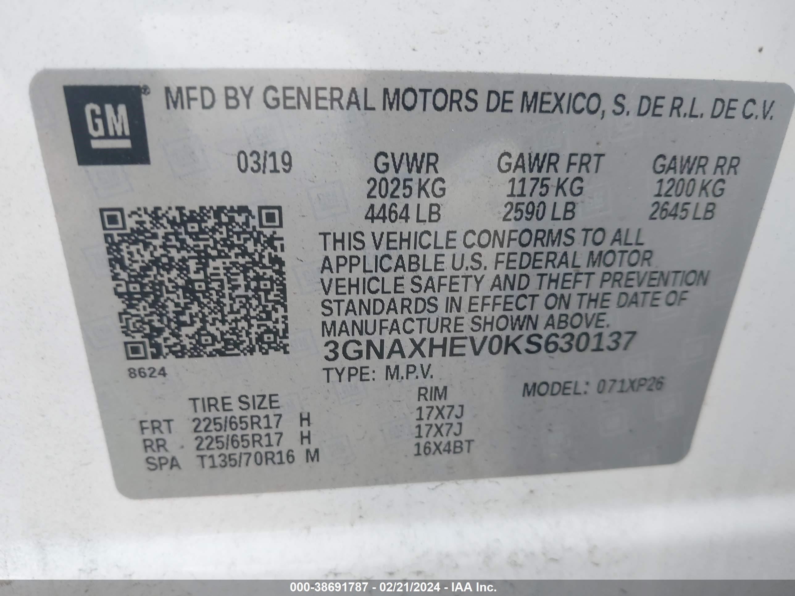 Photo 8 VIN: 3GNAXHEV0KS630137 - CHEVROLET EQUINOX 