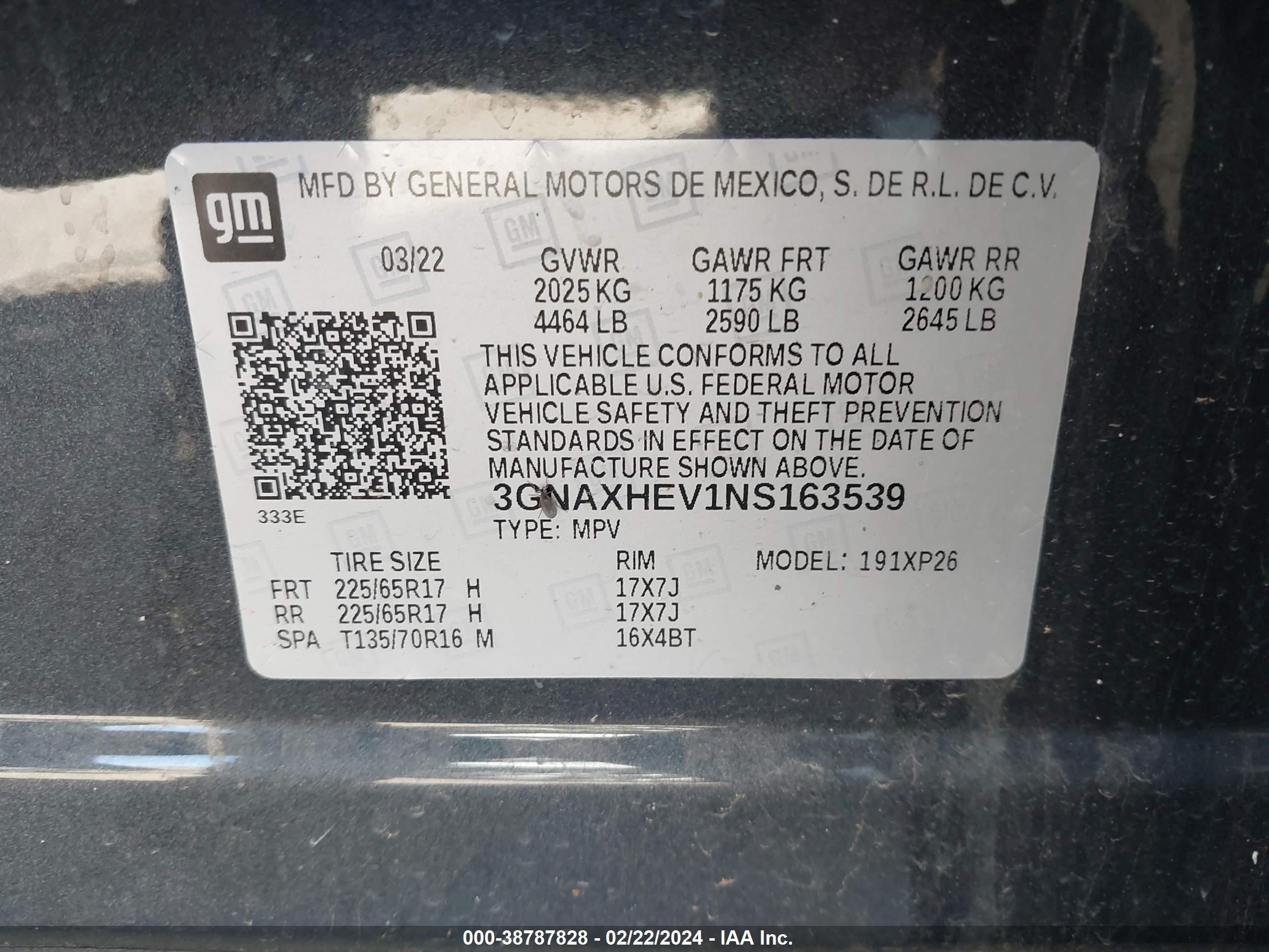 Photo 8 VIN: 3GNAXHEV1NS163539 - CHEVROLET EQUINOX 