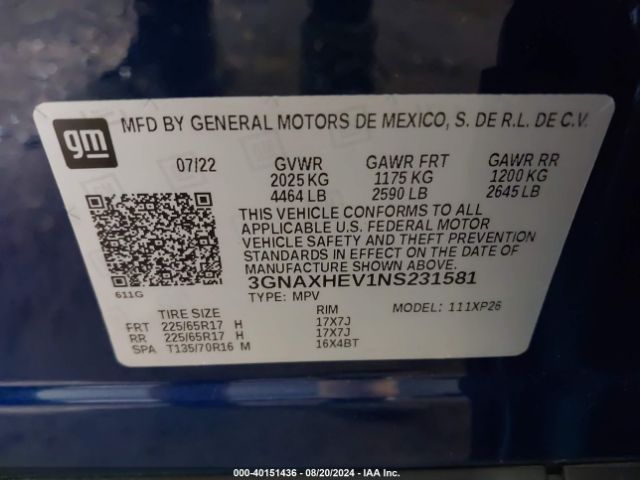 Photo 8 VIN: 3GNAXHEV1NS231581 - CHEVROLET EQUINOX 