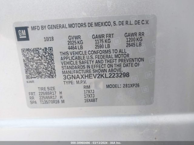 Photo 8 VIN: 3GNAXHEV2KL223298 - CHEVROLET EQUINOX 