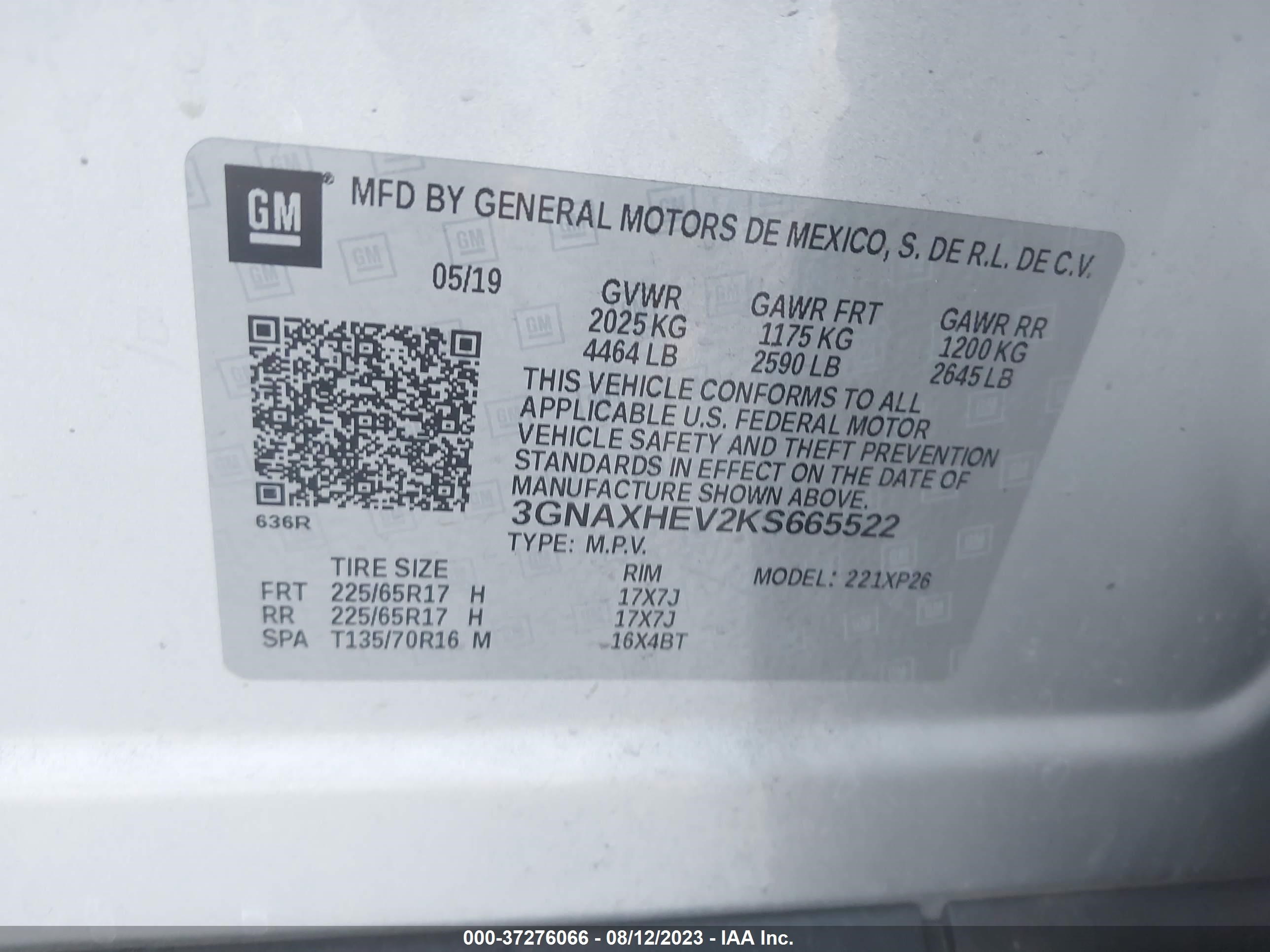 Photo 8 VIN: 3GNAXHEV2KS665522 - CHEVROLET EQUINOX 