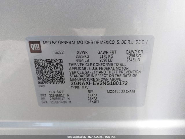 Photo 8 VIN: 3GNAXHEV2NS180172 - CHEVROLET EQUINOX 