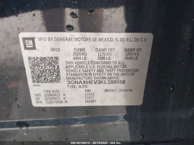 Photo 8 VIN: 3GNAXHEV3KL188058 - CHEVROLET EQUINOX 