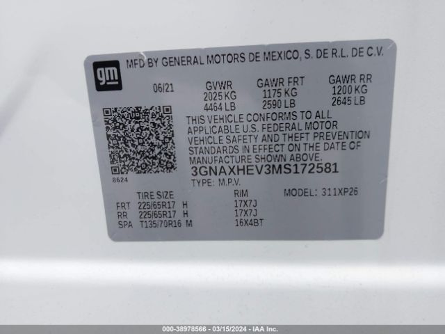 Photo 8 VIN: 3GNAXHEV3MS172581 - CHEVROLET EQUINOX 