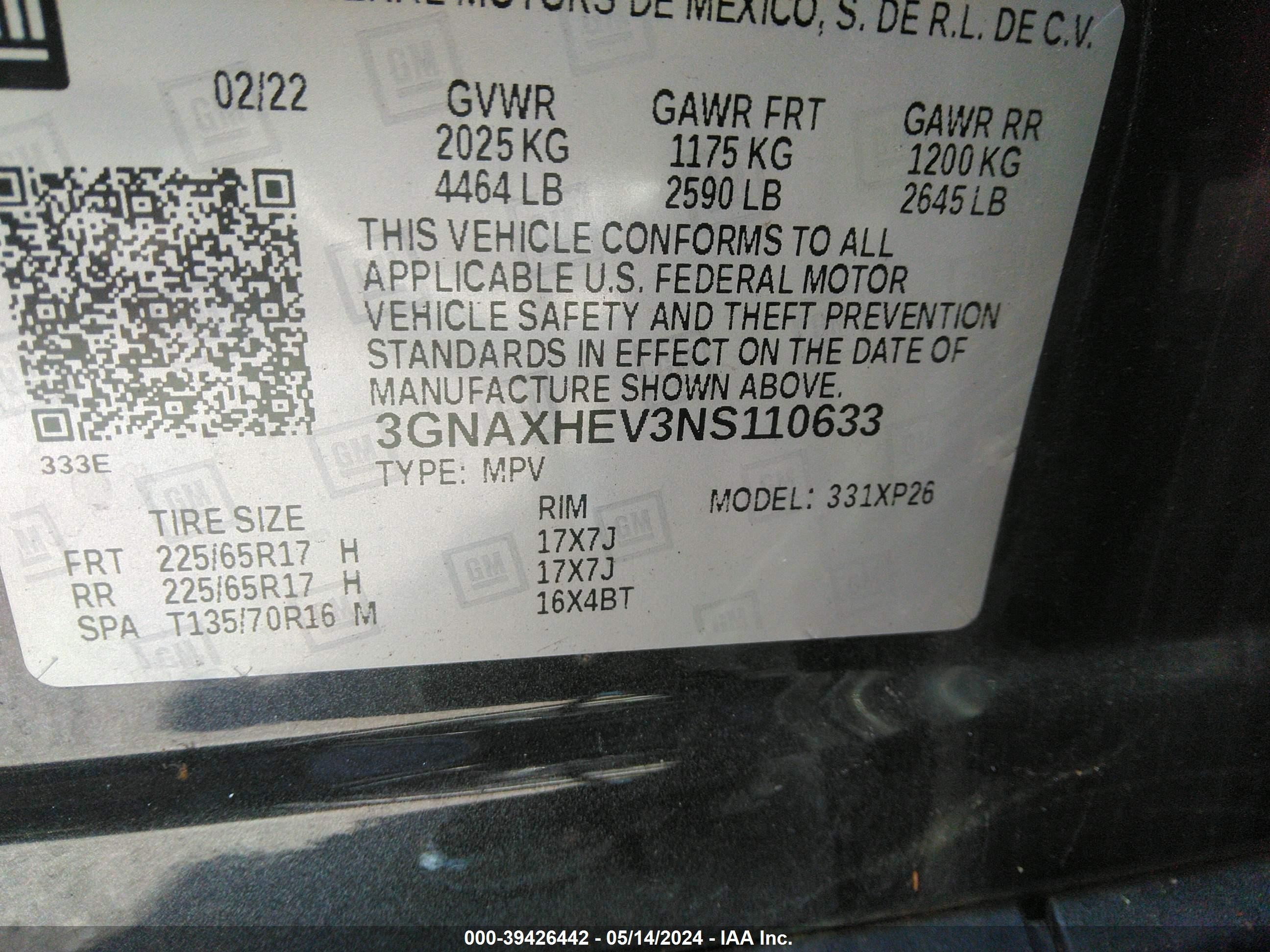 Photo 8 VIN: 3GNAXHEV3NS110633 - CHEVROLET EQUINOX 