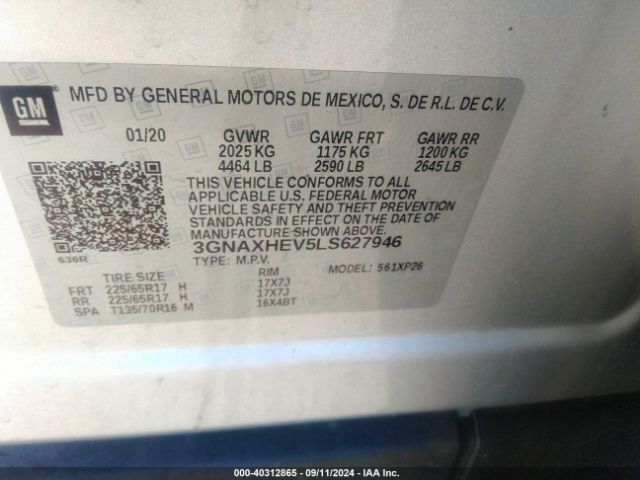 Photo 8 VIN: 3GNAXHEV5LS627946 - CHEVROLET EQUINOX 