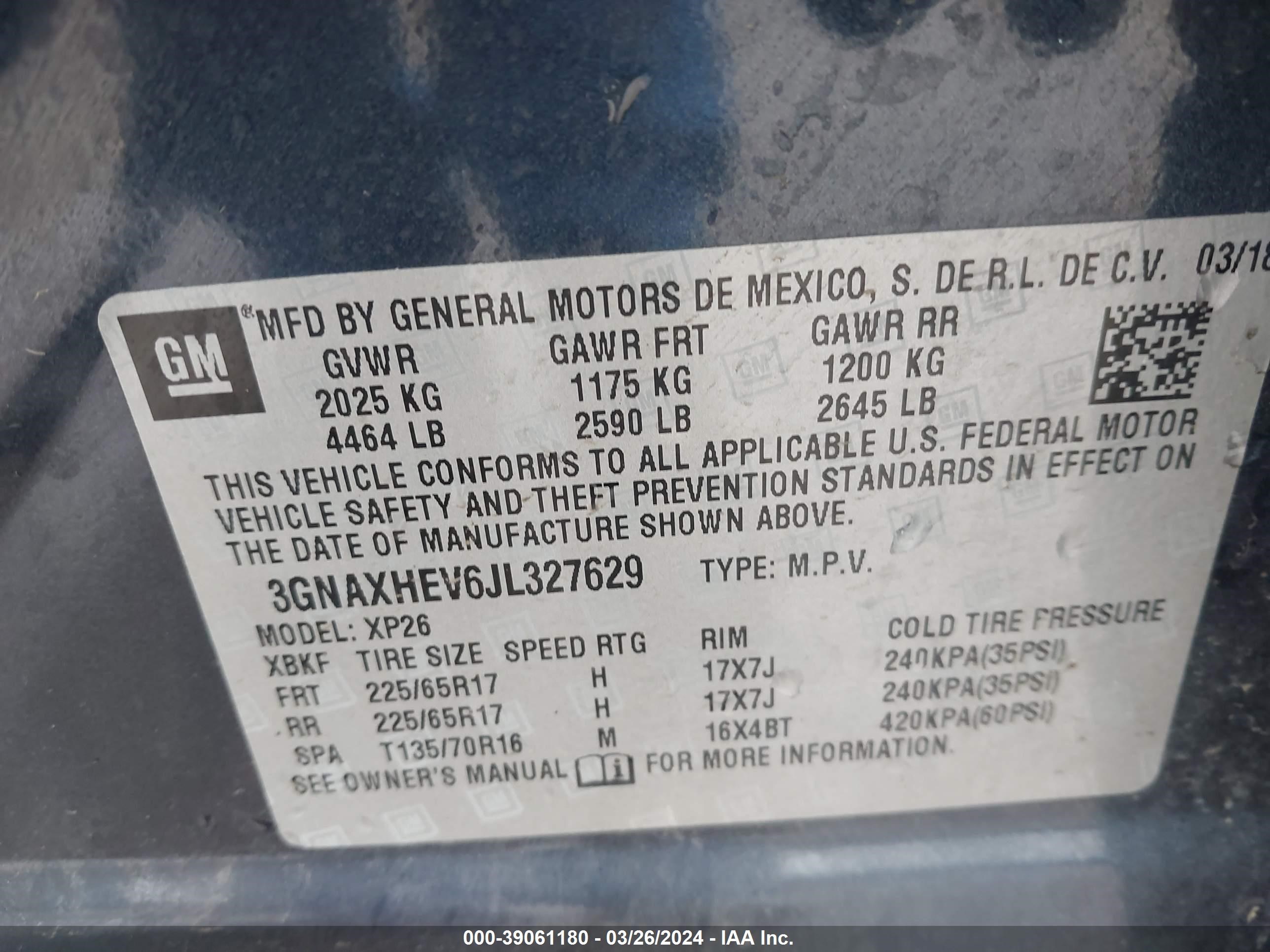 Photo 8 VIN: 3GNAXHEV6JL327629 - CHEVROLET EQUINOX 