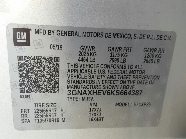 Photo 9 VIN: 3GNAXHEV6KS664387 - CHEVROLET EQUINOX LS 