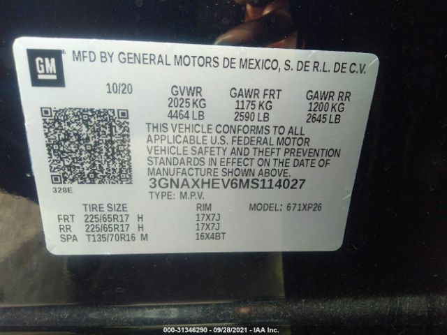 Photo 8 VIN: 3GNAXHEV6MS114027 - CHEVROLET EQUINOX 