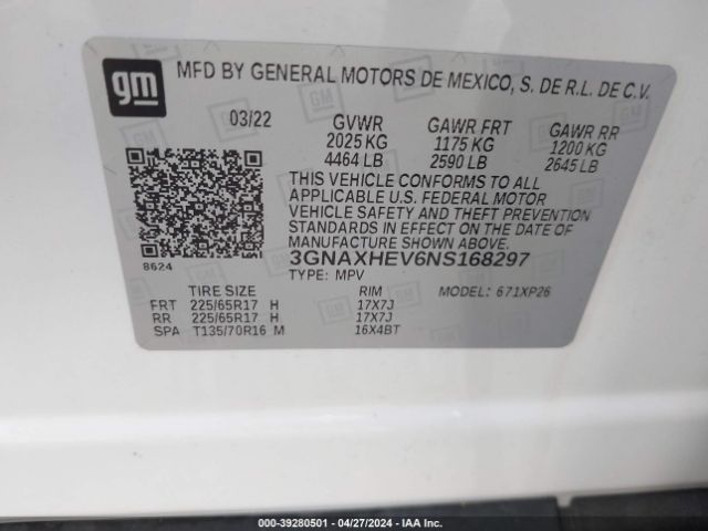 Photo 8 VIN: 3GNAXHEV6NS168297 - CHEVROLET EQUINOX 