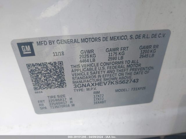 Photo 8 VIN: 3GNAXHEV7KS562743 - CHEVROLET EQUINOX 