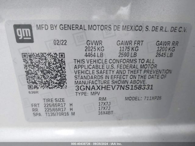 Photo 8 VIN: 3GNAXHEV7NS158331 - CHEVROLET EQUINOX 