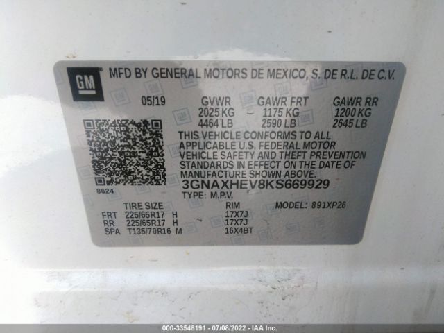 Photo 8 VIN: 3GNAXHEV8KS669929 - CHEVROLET EQUINOX 