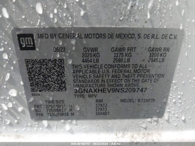 Photo 8 VIN: 3GNAXHEV9NS209747 - CHEVROLET EQUINOX 