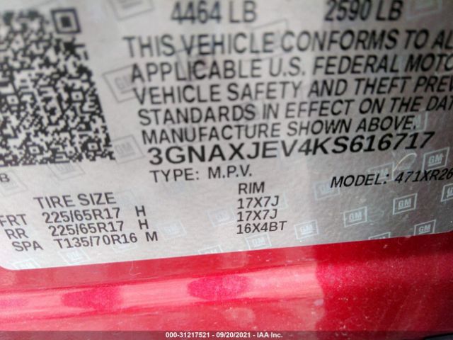 Photo 8 VIN: 3GNAXJEV4KS616717 - CHEVROLET EQUINOX 