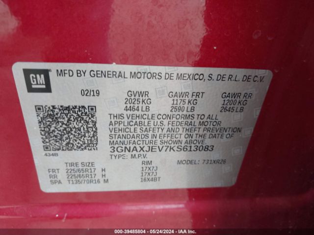 Photo 8 VIN: 3GNAXJEV7KS613083 - CHEVROLET EQUINOX 