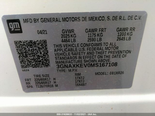 Photo 8 VIN: 3GNAXKEV0MS167108 - CHEVROLET EQUINOX 