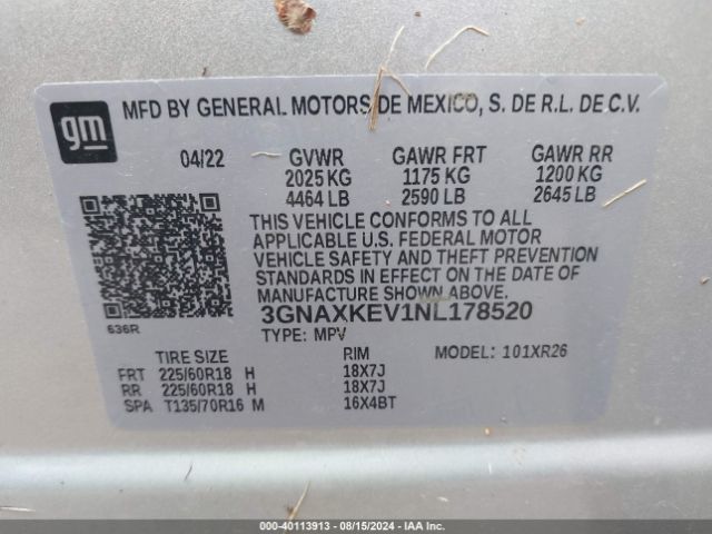 Photo 8 VIN: 3GNAXKEV1NL178520 - CHEVROLET EQUINOX 