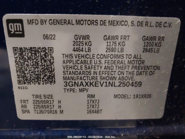 Photo 8 VIN: 3GNAXKEV1NL250459 - CHEVROLET EQUINOX 