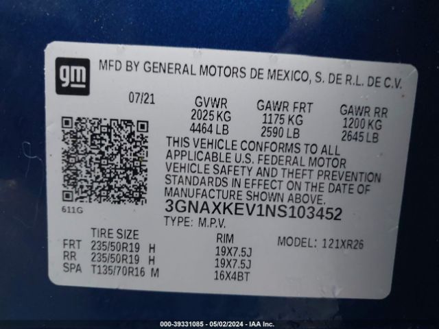 Photo 8 VIN: 3GNAXKEV1NS103452 - CHEVROLET EQUINOX 