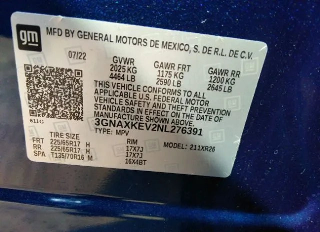 Photo 8 VIN: 3GNAXKEV2NL276391 - CHEVROLET EQUINOX 