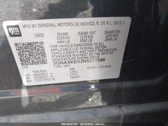 Photo 8 VIN: 3GNAXKEV2NS177589 - CHEVROLET EQUINOX 