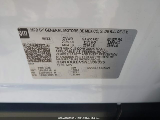 Photo 8 VIN: 3GNAXKEV5NL309335 - CHEVROLET EQUINOX 