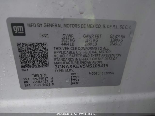 Photo 8 VIN: 3GNAXKEV5NS105415 - CHEVROLET EQUINOX 