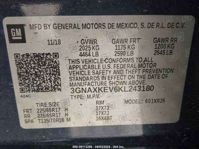 Photo 8 VIN: 3GNAXKEV6KL243180 - CHEVROLET EQUINOX 