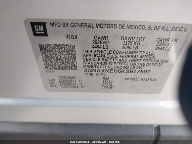 Photo 8 VIN: 3GNAXKEV6KS617597 - CHEVROLET EQUINOX 