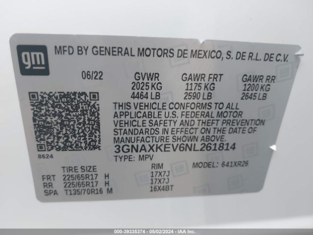 Photo 8 VIN: 3GNAXKEV6NL261814 - CHEVROLET EQUINOX 