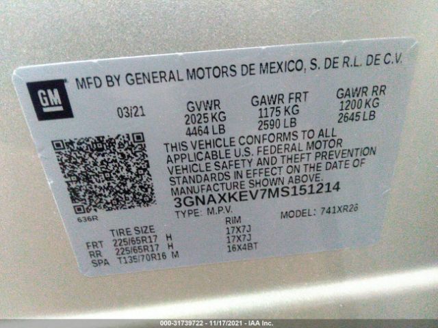 Photo 8 VIN: 3GNAXKEV7MS151214 - CHEVROLET EQUINOX 