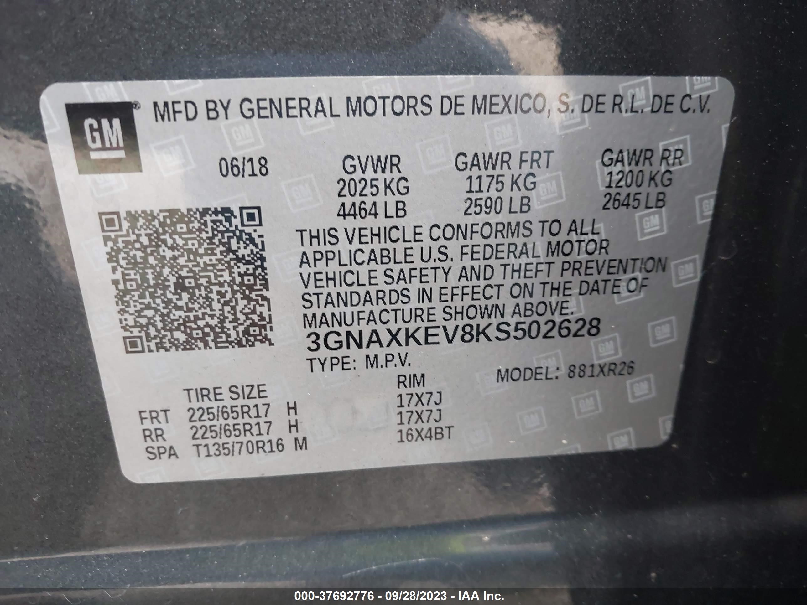 Photo 8 VIN: 3GNAXKEV8KS502628 - CHEVROLET EQUINOX 