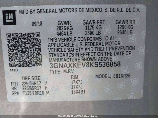 Photo 8 VIN: 3GNAXKEV8KS536858 - CHEVROLET EQUINOX 