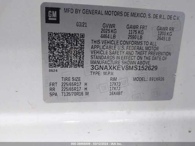 Photo 8 VIN: 3GNAXKEV8MS152629 - CHEVROLET EQUINOX 